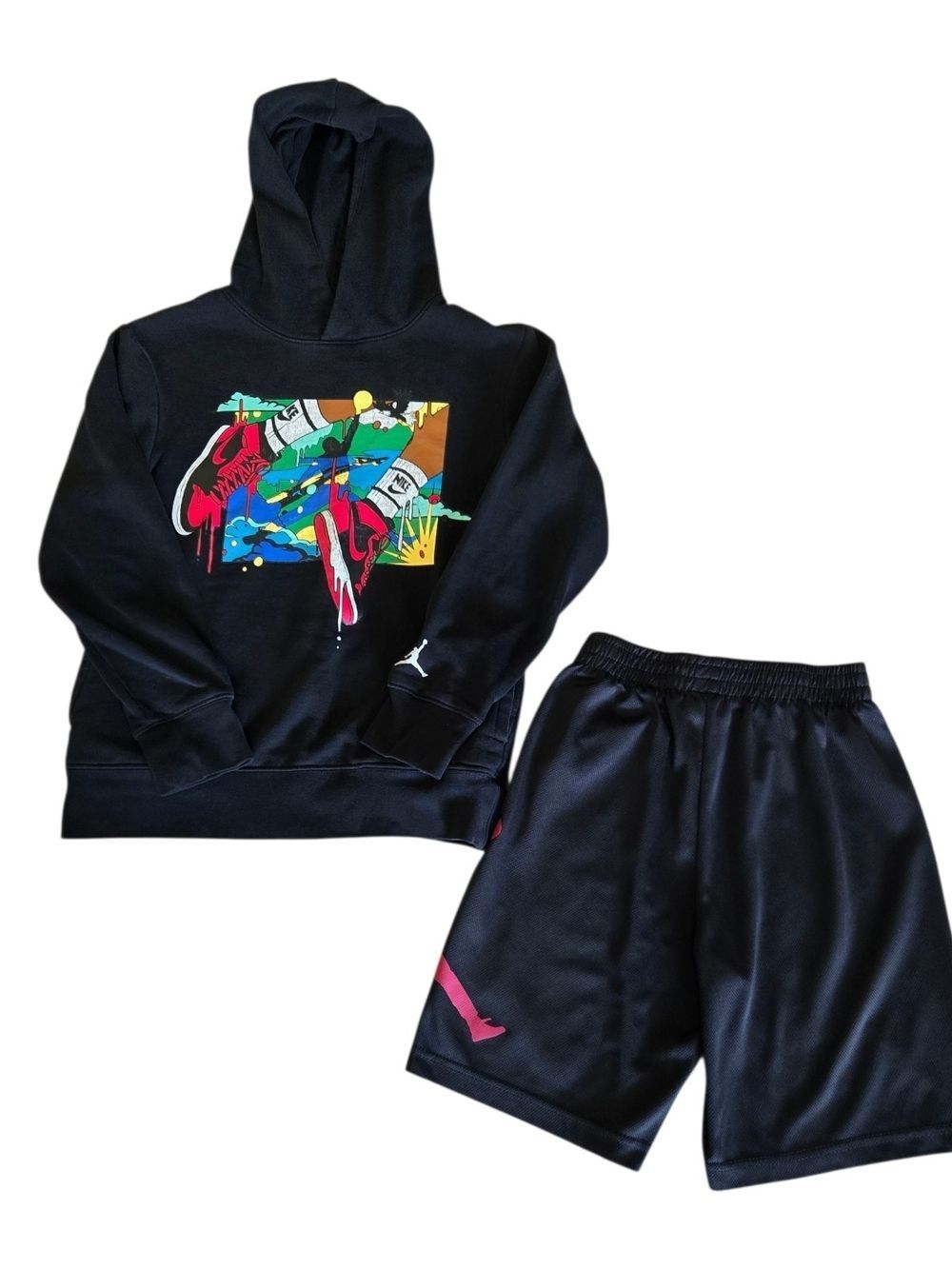 Jordan Black Kids Hoodie & Shorts Set with Multicolor Graphic